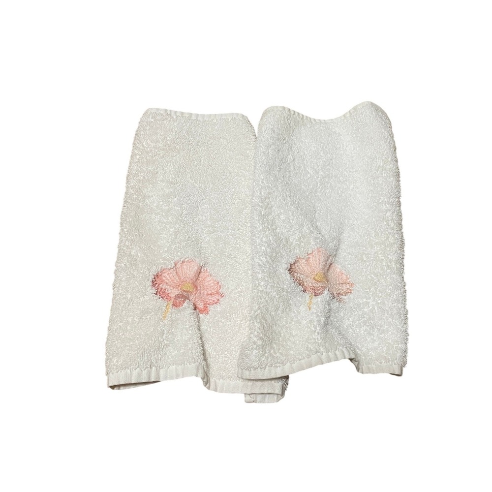 VTG Anali White Cotton Hand Towels Pink Floral Embroidered Set Cottage Garden